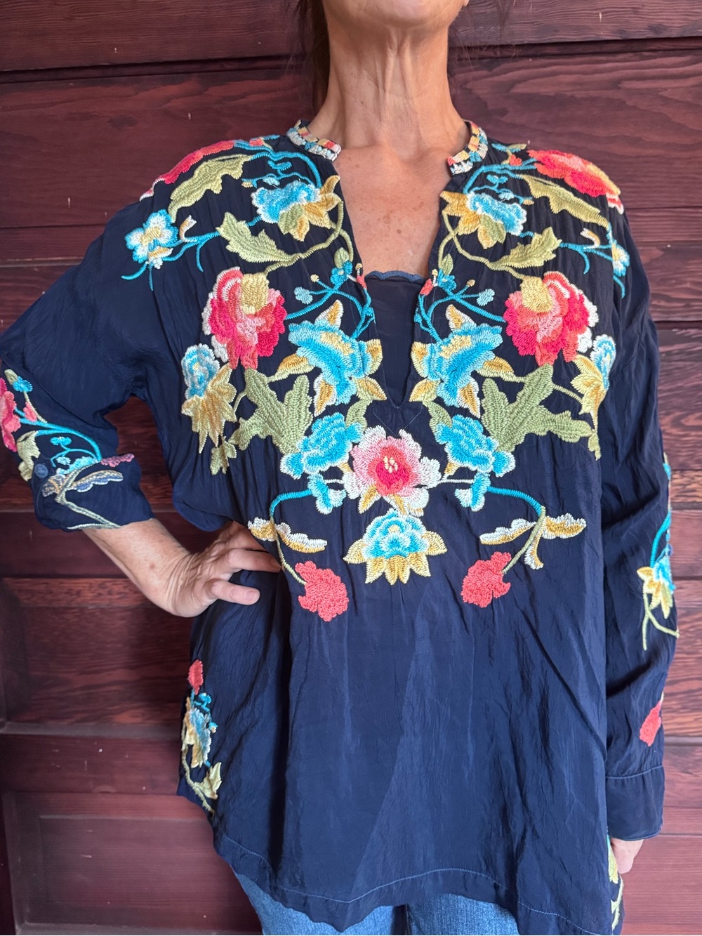 Johnny Was Black Embroidered Floral Tunic with Multicolor Blooms